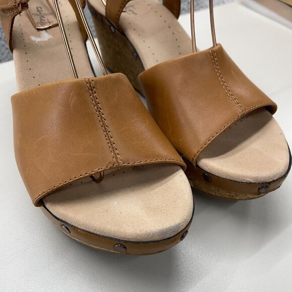 Clark Collection Sandals Womens 10 M Tan Comfort Shoes Leather Slingback Wedge - Picture 3 of 13